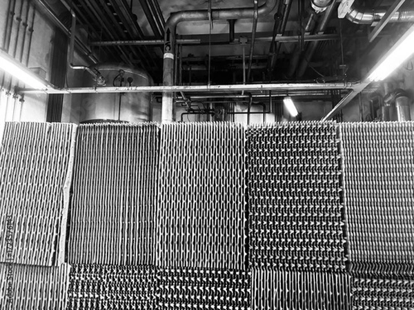 Fototapeta A black and white image of industrial equipment, featuring a close-up of cooling tower fill media with a complex network of pipes and machinery in the background.