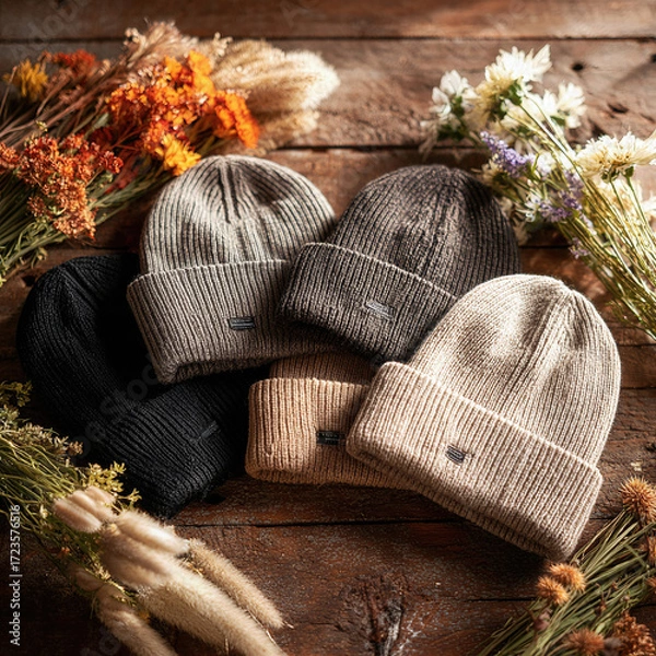 Fototapeta A cozy and rustic flat lay of various knitted winter beanies in neutral colors, arranged on a wooden background with dried flowers for an autumn or winter theme.
