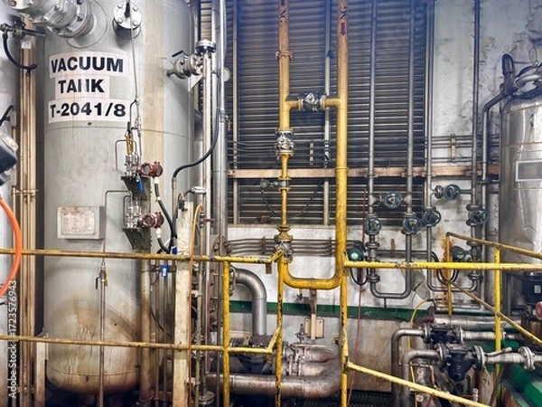 Fototapeta A wide-angle interior view of a complex industrial facility, featuring a large vacuum tank, intricate yellow handrails, and a dense network of pipes, valves, and gauges, conveying a sense of organized