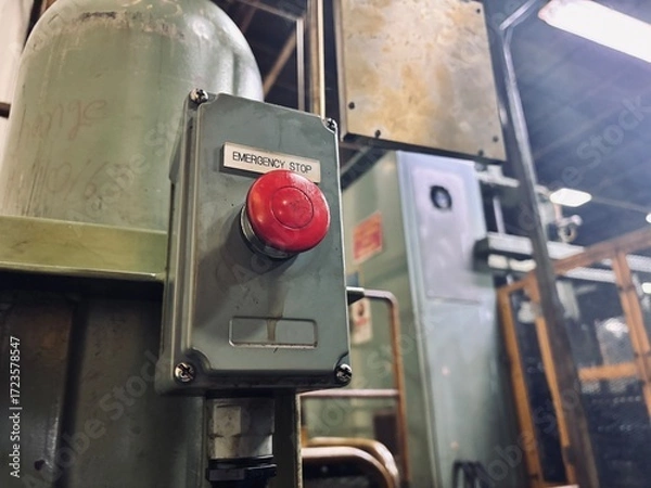 Fototapeta A close-up of a red emergency stop button on an industrial machine. The image highlights the concept of safety and risk management in a manufacturing or factory environment