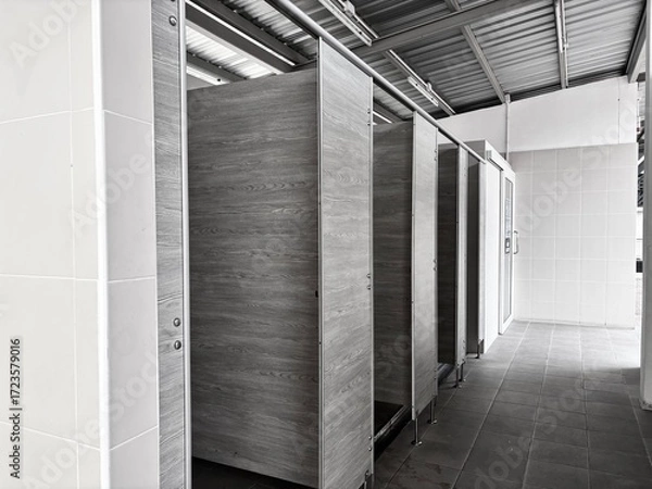 Fototapeta An unfinished or newly constructed public toilet with a row of wooden stalls and white tiled walls.