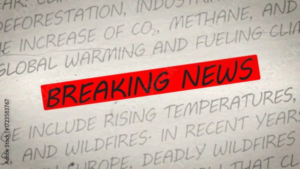 Fototapeta Bold handwritten style 'Breaking News' text on paper-like background with climate-related words visible, suited for urgent environmental or headline-themed content.