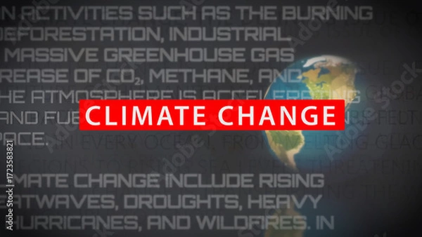 Fototapeta Smooth looping view of 'Climate Change' text over soft-focus environmental headlines, ideal for eco-friendly campaigns or climate reporting visuals.