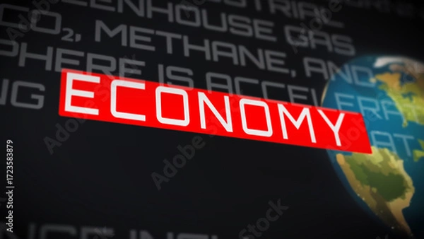 Fototapeta Horizontal macro close-up of the word economy highlighted in red on a dark digital background, representing finance, global markets and economic news.