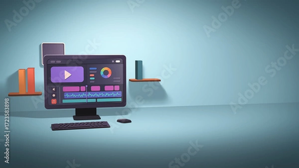 Fototapeta Wide angle of a computer editing station with decorative shelves and video editing software displayed, illustrating a stylish creative office for professional multimedia projects.