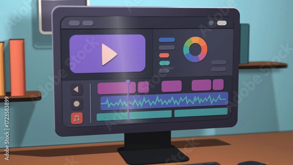 Fototapeta Close view of a modern computer desk with video editing monitor and colorful interface, symbolizing advanced post-production work in digital film and media creation studios.