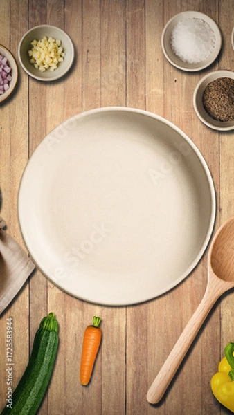 Fototapeta Vertical top-down view of a wooden kitchen table arranged with an empty plate, napkin, wooden spoon and fresh vegetables, capturing a warm and inviting home cooking atmosphere.