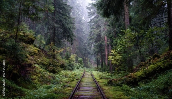 Fototapeta Misty forest path with old railroad tracks