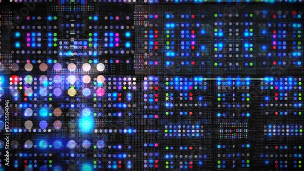 Fototapeta Complex digital wall of multicolored lights and data streams creating a futuristic cyber grid, ideal for technology presentations, sci-fi backdrops, or high-tech motion graphic designs.