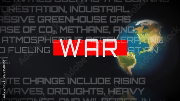 Fototapeta Dynamic WAR headline overlaying scrolling world news text with bold red highlight, symbolizing international conflict and urgent breaking news, ideal for dramatic global event presentations.
