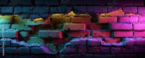 Obraz Neon-Lit Broken Brick Wall: A Cyberpunk Vibe