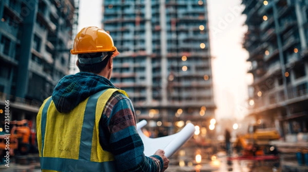 Fototapeta Construction worker, safety helmet, building plans, construction site, urban development, inspecting project