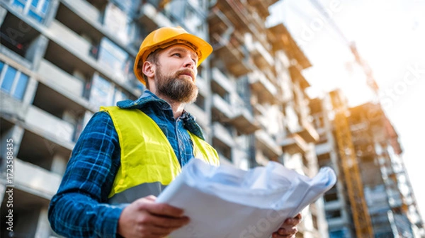 Fototapeta Civil engineer inspects construction plans at building site, showcasing dedication and professionalism