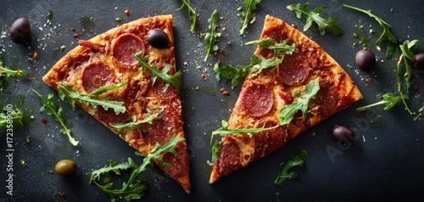 Fototapeta The delicious pepperoni pizza slices garnished with fresh arugula and olives.