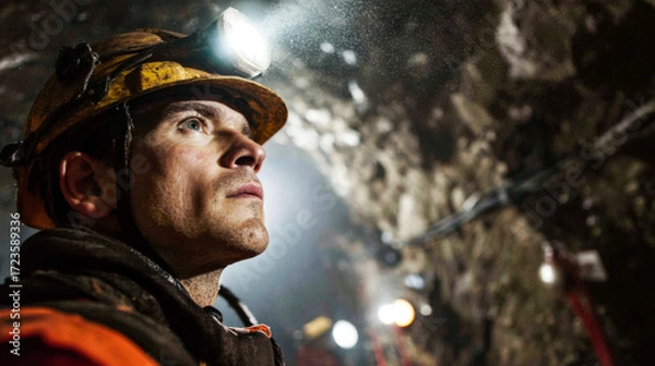 Fototapeta Mining engineer inspects underground tunnel, showcasing determination and focus while wearing safety helmet with light