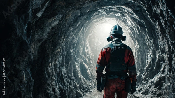 Fototapeta Underground mining engineer exploring dark tunnel, wearing protective gear and helmet, illuminated by soft light