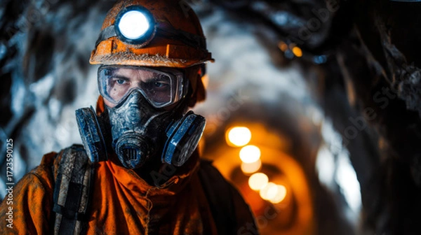 Fototapeta Underground mining engineer wearing protective gear, helmet, and mask, focused on safety in dimly lit tunnel