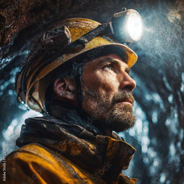 Fototapeta Mining engineer inspects underground site, showcasing determination and focus under headlamp glow