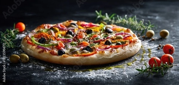 Fototapeta The vibrant pizza topped with fresh vegetables and aromatic herbs on a dark background.