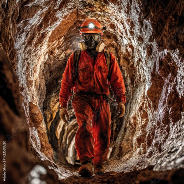 Fototapeta Mining engineer in red jumpsuit and safety gear walks through dimly lit underground tunnel, showcasing determination and focus