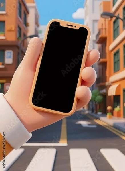 Obraz 街の通りで黄色い携帯電話を持っている漫画の手