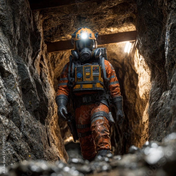 Fototapeta Mining engineer in orange suit walks through dimly lit underground tunnel, showcasing determination and focus