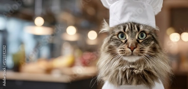 Fototapeta The cat dressed as a chef in a cozy kitchen setting.