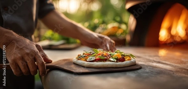 Fototapeta The chef prepares a vibrant pizza in a rustic outdoor setting.