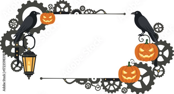 Fototapeta Vintage Steampunk Halloween Border with Pumpkins, Crows, Lanterns, and Mechanical Gears