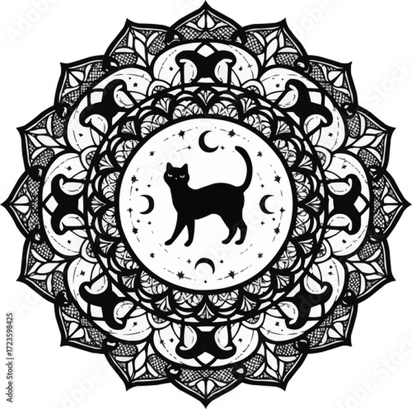 Fototapeta Mystical Black Cat in Celestial Mandala with Moons and Stars for Halloween and Witch Design