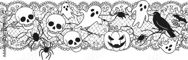 Fototapeta Gothic Halloween Seamless Lace Design with Ornate Skulls, Ghosts, Pumpkins, and Spider Web Motifs
