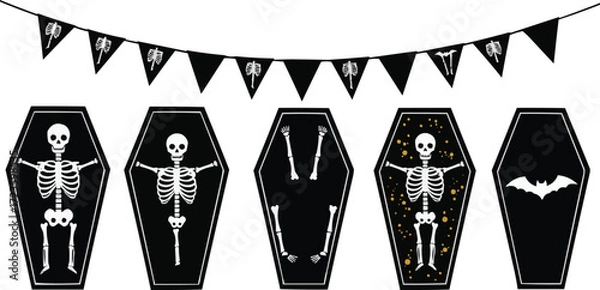 Fototapeta Spooky and Funny Skeletons in Coffins with Party Bunting, Halloween Icon Set for Spooky Decorations