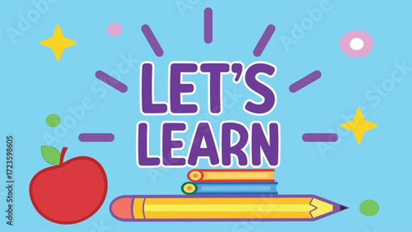 Fototapeta Lets Learn text with apple pencil books blue education school