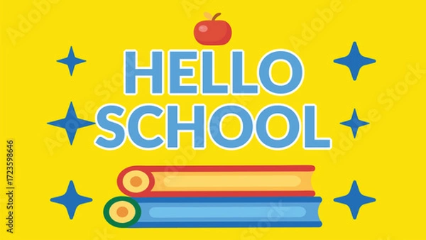 Fototapeta Blue hello school text with red apple stacked books yellow banner