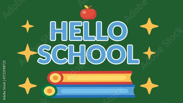 Fototapeta Hello School text with apple books green chalkboard banner