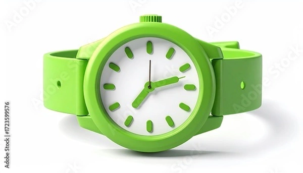 Obraz A vibrant lime green wristwatch with a simple white face and matching band, shown against a stark white background, casting a subtle shadow