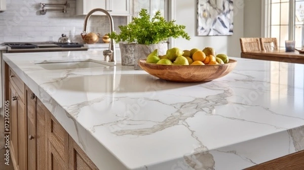 Fototapeta Elegant Kitchen Island with Quartz Countertops and Fruit Bowl