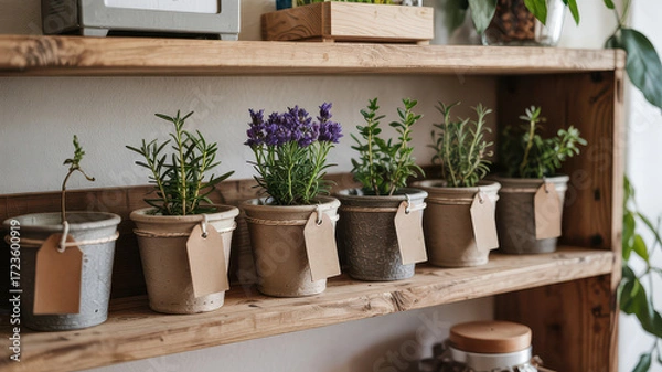 Fototapeta Rustic Home Garden Shelf Display Potted Herbs Rosemary Lavender Thyme in Aged Pots with Twine Bows Kraft Paper Labels Handwritten Names Wooden Shelf