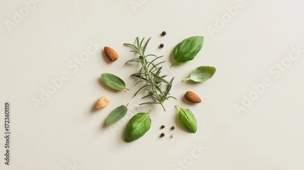 Obraz Minimalist Flat Lay Fresh Herbs Rosemary Basil Sage Leaves Almonds Peppercorns Arranged Symmetrically on Light Beige Background Top View Cooking Ingredients
