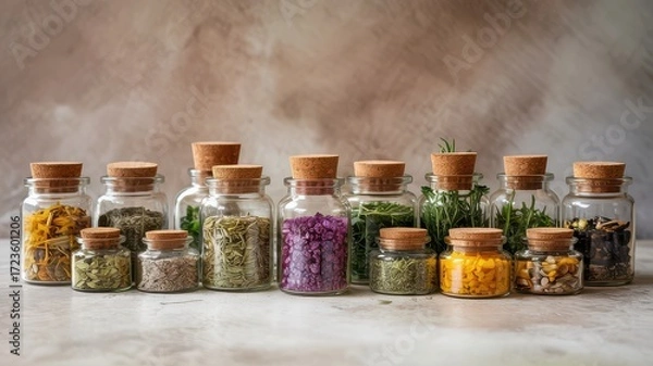 Obraz Collection Apothecary Glass Jars Cork Lids Filled with Various Dried Herbs Spices Seeds Flowers Displayed on Light Surface Herbalism Pantry Storage