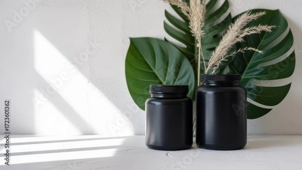 Obraz Modern Supplement Cosmetic Mockup Two Matte Black Jars Bottles Different Sizes Monstera Leaf Pampas Grass Shadows on White Textured Wall Background