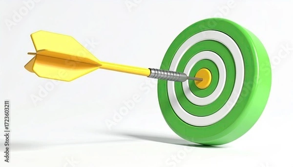 Obraz A yellow dart, precisely hitting the bullseye of a green and white target, set against a clean, white backdrop.  The image suggests accuracy and achievement