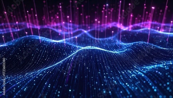 Fototapeta Abstract network data flow shows digital connectivity and information transfer in modern technology with blue and pink glowing particles lines.
