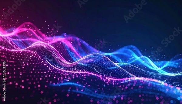 Fototapeta Glowing particle waves flow dynamically across the dark background, creating a mesmerizing digital landscape with shades of blue and purple hues.