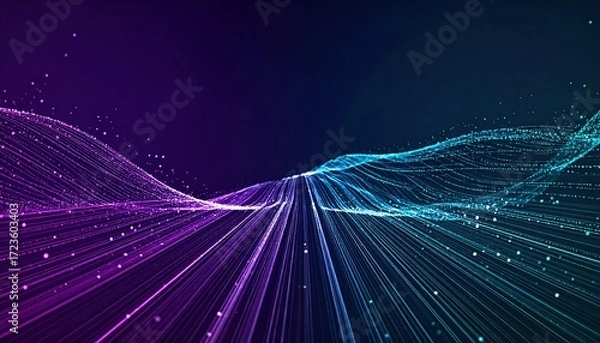 Fototapeta An abstract design features purple and blue flowing lines with shimme light particles creating a futuristic and dynamic visual landscape effect.