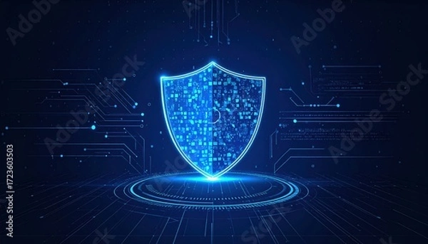 Fototapeta Digital shield glowing brightly as a symbol of cybersecurity, protecting data with advanced technology and electronic circuit connections.
