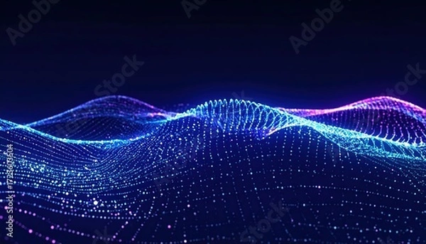 Fototapeta Abstract glowing blue and purple particle wave undulates in a seamless flow, representing data and future technology beautifully.