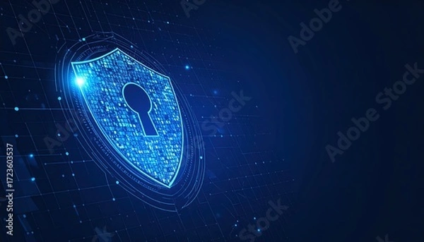 Fototapeta Digital shield with keyhole symbolizes cybersecurity and data protection against cyber threats on dark blue background, representing security systems.