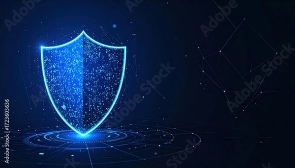 Fototapeta A vibrant blue digital shield hovers above concentric circles with dotted lines against a dark blue backdrop conveying cyber protection securely.