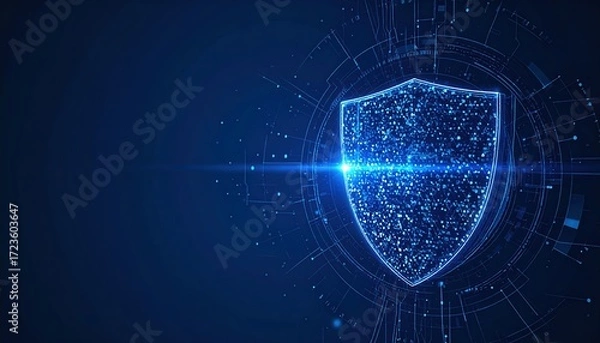 Fototapeta Digital shield protecting data with glowing neon blue light and futuristic circle background representing network security technology concept.